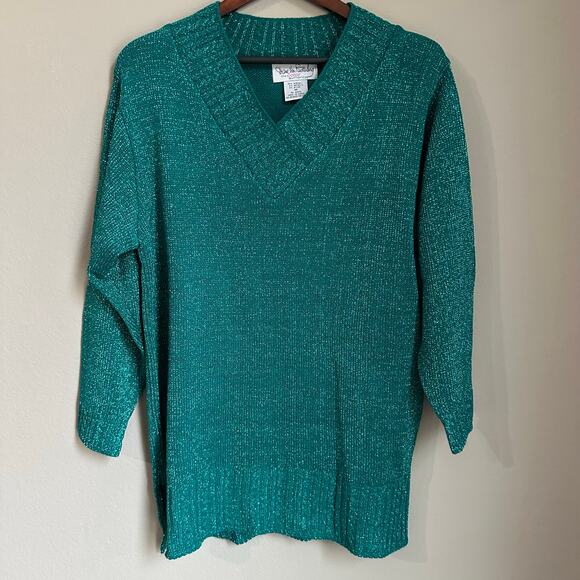 Vintage 90s Diane Von Furstenberg Long Sweater Green Sparkle Oversized Holiday - Picture 1 of 8